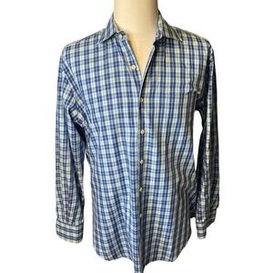Peter Millar Large Long Sleeve Button Down Shirt Blue Plaid 100% Cotton